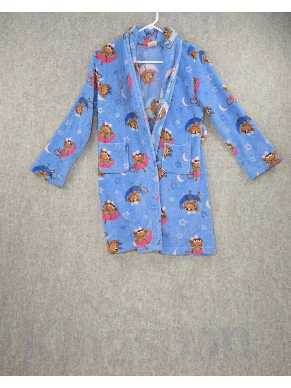 Faded Glory Girls Fleece Blue Robe Monkey Print Flame Resistant